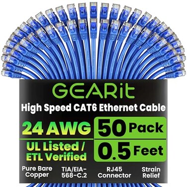GEARit Cat 6 Ethernet Patch Cable 05 ft Blue 50 Pack Cat6 Patch Cables 05ft BlueEthernet Patch Cable 10Gbps 550MHz 24AWG Pure Copper Snagless Gold Plated RJ45 for Router Server Router PC