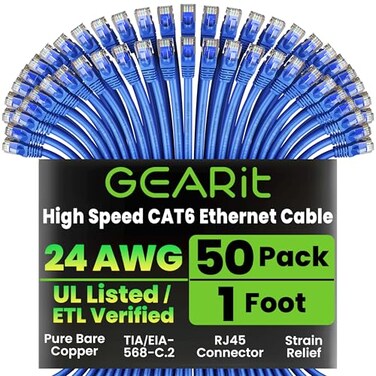 GEARit Cat 6 Ethernet Patch Cable 1 ft Blue 50 Pack Cat6 Patch Cables 1ft BlueEthernet Patch Cable 10Gbps 550MHz 24AWG Pure Copper Snagless Gold Plated RJ45 for Router Server Router PC