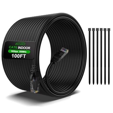 ecjtu 100FT Cat6 Ethernet Cable Cat 6 Patch Cable Cat6 Internet Cable UTP Network Cable Indoor and Outdoor PoE 24AWG CCA Compatible for PC Laptop Router Switch Server with 25 Cable Ties Black