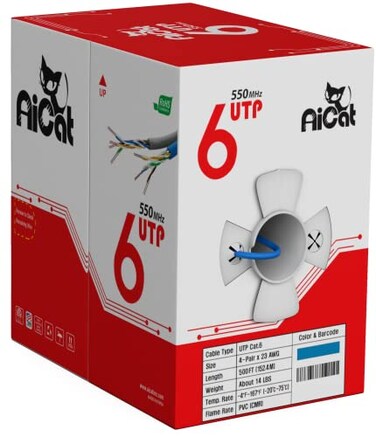 AiCat Cat6 Ethernet Cable 500ft 23 AWG CMR ETL Insulated Solid Bare Copper Wire Cat 6 Cable with Noise Reducing Cross Separator 550MHZ 10 Gigabit Speed PoE Unshielded UTP LAN Cable Blue