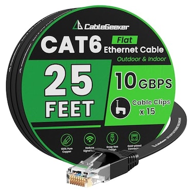 CableGeeker Cat 6 Ethernet Cable 25 ft IndoorOutdoor High Speed 10Gbps Flat Internet Network Cable Pure Copper Ethernet Patch Cable Long Computer LAN Cable with Clips Straps for Router Modem PS45 Blac