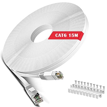WISCENT Cat 6 Ethernet Cable 50 ft White Flat Internet Network LAN Patch Cords Solid Cat6 High Speed Computer Wire with Clips Snagless Rj45 Connectors for Modem Router