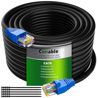 Conable Cat6 Outdoor Ethernet Cable 250ft Heavy Duty Double Jackets Internet Cord Waterproof Direct Burial from 25FT to 500 FT Support PoE Cat6 Cat5e Cat5 Network Cat 6 RJ45 Patch Cable with 25 Ties