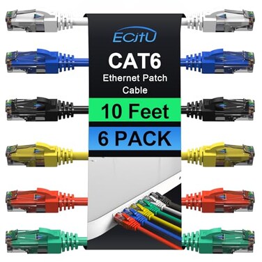 ecjtu Cat6 Patch Cables 10 Feet 6 Pack Cat 6 Ethernet Cable 24AWG CCA UTP Network Cord Internet Cable Compatible for PC Laptop Router Switch Server Printer RJ45 LAN with 25 Cable Ties 10FT