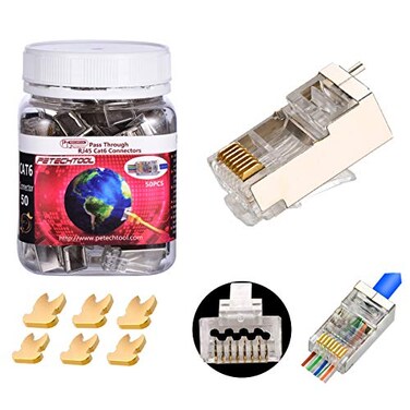 PETECHTOOL RJ45 CAT6a Cat6 Connector with Grounding Buckle Gold Plated 8P8C Grounded Pass Through Shield Plug 50PCExternal grounding