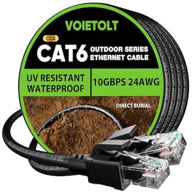 VOIETOLT Cat 6 Outdoor Ethernet Cable 100 ft 24AWG 10Gbps Cat6 Cable Cord Waterproof Direct Burial LLDPE UV Jacket Internet Network Cable with 20 Ties Support POE Cat6 Cat5e Cat5 CCA UTP for PC