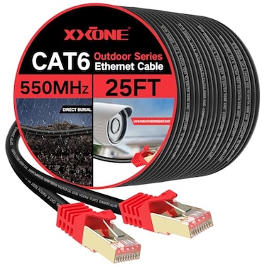XXONE 25ft Cat6 Ethernet Cable 26AWG HeavyDuty Waterproof Direct Burial Outdoor LAN Cable Compatible with Network Adapters Hubs Switches Routers RJ45 Connector