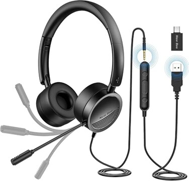 New Bee New bee USB Headset with Mic for PC OnEar Computer Laptop Headphones with Noise Cancelling Microphone USBC Adapter for Home Office Online Class Skype Zoom Black