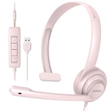 NUBWO HW02 USB Headset with Microphone Noise Cancelling inline Control Ultra Comfort Computer Headphones for Laptop pc OnEar Wired Office Call Center Headset for Boom Skype Webinars Pink