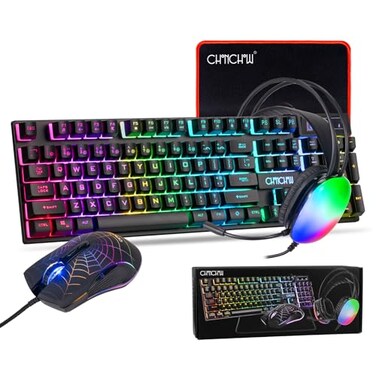 CHONCHOW Gaming Keyboard Mouse Mousepad and Headset with mic Combo All in One USB Wired RGB Backlit Rainbow Side Button Gamer Bundle Set Compatible with PC Windows Xbox one PS4 PS5Black