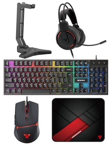 FANTECH P51S Gaming Keyboard and Mouse Combo Headset and Headphone Stand Mouse Pad Wired RGB Rainbow Breathing Light PC Beginner Gamer Basic 5 in1 Gaming Set