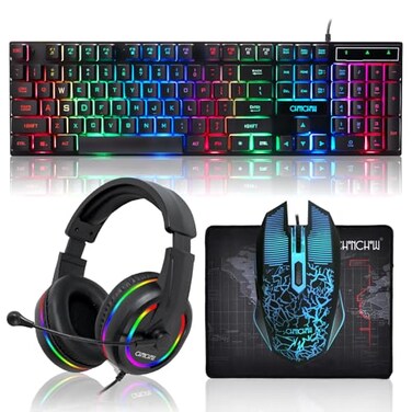 CHONCHOW Gaming LED Keyboard Mouse Headset and Mousepad Bundle Wired Rainbow LED Light Up Gaming Keyboard Mouse Headset Value 4 in 1 Game Set for Xbox PS4 PS5 PC Laptop Gamer