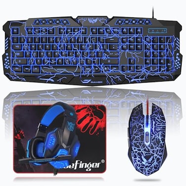 BlueFinger Backlit Gaming Keyboard Mouse and LED Headset Combo USB Wired 3 Color Crack Backlit Blue LED Light Headset Set for Work and Game