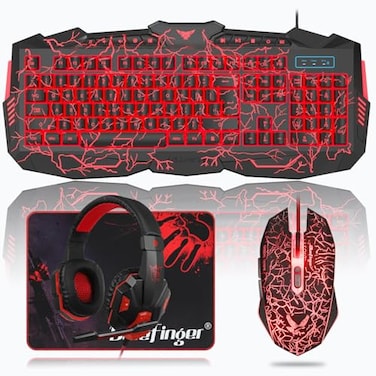 BlueFinger Gaming Keyboard Mouse Headset Combo USB Wired Crack Backlit114 Keys Letters Glow LED Keyboard Red LED Light Headset for Laptop PC Computer Work and Game