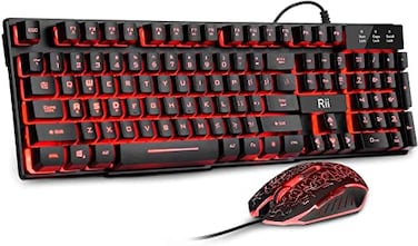 Rii Gaming Keyboard and Mouse Set 3LED Backlit Mechanical Feel Business Office Keyboard Colorful Breathing Backlit Mouse for Working or Primer Gaming Office Device RK108