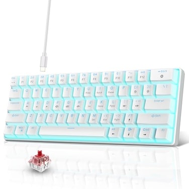 Snpurdiri Portable 60 Mechanical Gaming Keyboard Ice Blue LED Backlit 61 Keys Mini Wired Office Keyboard for Windows Laptop PC Mac WhiteRed Switches
