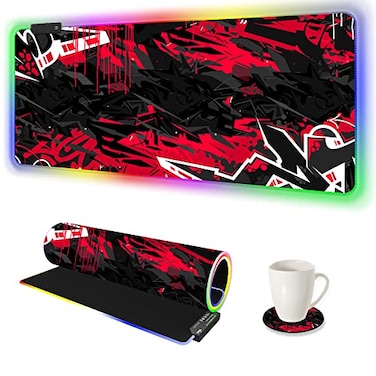 AIMSA Large RGB Gaming Mouse Pad Keyboard Mousepad Led Extended 354 x 158 inch NonSlip Rubber Base with 14 Lighting Modes Big Desk Mat Waterproof Red Black