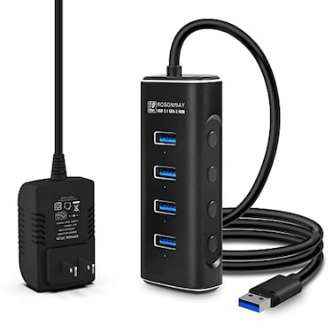 Rosonway Powered USB Hub 4 Ports USB 3132 Gen 2 Hub 10Gbps with 33ft Data Cable 5V2A Power Adapter and Individual Switches Aluminum USB Port Hub Splitter for PC and Laptop RSHA104