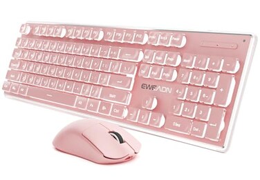 SEUNKWANG Wireless Keyboard and Mouse Combo with White Backlit Pudding Keycaps Bluetooth 24G 2000mAh Rechargeable Full Size Metal Panel Quiet Computer Keyboard Set for Windows PC Desktop Pink