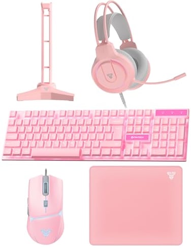 FANTECH Wired Gaming Keyboard and Mouse Gaming Set OverEar Headphone and Headset Stand Gaming Mouse Pad Wired RGB Rainbow Mice PC Beginner Gamer Basic 5 in1 forPCLaptopXbox Pink