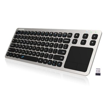 Arteck 24G Wireless Touch TV Keyboard with Easy Media Control and Builtin Touchpad Mouse Solid Stainless Ultra Compact Full Size Keyboard Connected Computer Smart TV HTPC