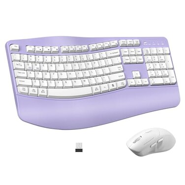 RECCAZR Ergonomic Wireless Keyboard and Mouse Combo Wave Keys Keyboard with Wrist Rest for Natural Typing 3 DPI Adjustable Ergonomic Silent Mouse for ComputerLaptopWindowsMac Purple