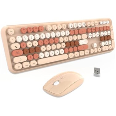 FOPETT Keyboard and Mouse Sets WirelessReliable 24 GHz Connectivity for PCLaptopSmart TV and More Milk Tea Color