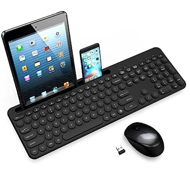 LeadsaiL Wireless Keyboard and Mouse FullSized Ergonomic Computer Keyboard with Phone Tablet Holder 24GHz Silent Cordless Keyboard Mouse Set for Windows Laptop PC Desktop Black