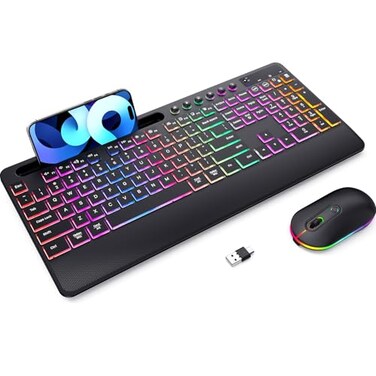 LIZRROT Wireless Keyboard and Mouse Combo Dual System RGB Backlit Mouse and Keyboard24G RechargeableFullSized Ergonomic Silent Design with Phone Holder for Windows Mac PC Laptop BlackV2