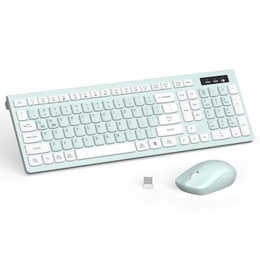 RECCAZR Wireless Keyboard and Mouse Combo FullSized Wireless Keyboard and Adjustable DPI Mouse 24GHz USB Receiver Keyboard and Mouse for PC Windows Desktop Laptop Mint Green and White