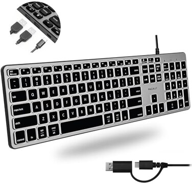 Macally Wired Keyboard for Mac with USB Hub 2X USBA 1x USBC Compatible Backlit Apple Keyboard with Dual Interface Auto OS Detection for Mac MacBook ProAir iMac PC Android iPad iOS
