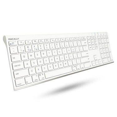 Macally Wireless Bluetooth Keyboard for Mac Compatible Apple Keyboard or MacBook ProAir iMac MultiDevice Up to 3 Devices with 110 Keys 20 Shortcuts Numeric Keypad and Rechargeable White
