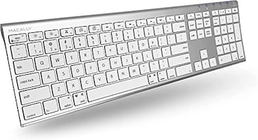 Macally Wireless Bluetooth Keyboard for Mac Compatible Apple Keyboard or MacBook ProAir iMac MultiDevice Up to 3 Devices with 110 Keys 20 Shortcuts Numeric Keypad and Rechargeable Silver