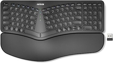Arteck Split Ergonomic Keyboard with Cushioned Wrist and Palm Rest 24G USB Wireless Comfortable Natural Ergonomic Split Keyboard for Windows Computer Desktop Laptop