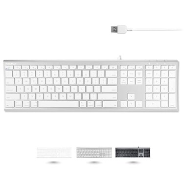 Macally Ultra Slim USB Wired Computer Keyboard Compatible Apple Keyboard or Windows Full Size with 20 Mac Keyboard Keys with Numeric Keypad Silver Aluminum Finish