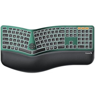 ProtoArc Backlit Bluetooth Ergonomic Keyboard EK01 Plus Full Size Wireless Split Keyboard with Dual Bluetooth and USB Cushioned Wrist Rest Rechargeable Compatible with WindowsMacAndroid Green