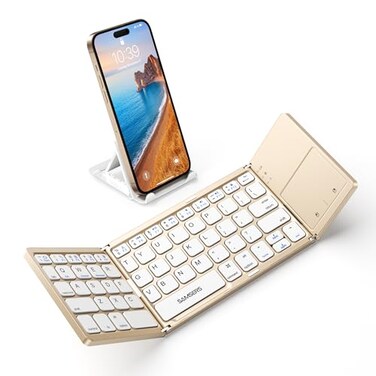 Samsers Foldable Bluetooth Keyboard with Touchpad Portable Wireless Keyboard with Holder Rechargeable Full Size Ultra Slim Pocket Folding Keyboards for Android Windows iOS Tablet Laptop Gold
