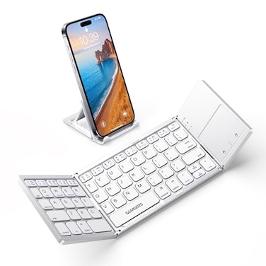 Samsers Foldable Bluetooth Keyboard with Touchpad Portable Wireless Keyboard with Holder Rechargeable Full Size Ultra Slim Pocket Folding Keyboards for Android Windows iOS Tablet Laptop Silver