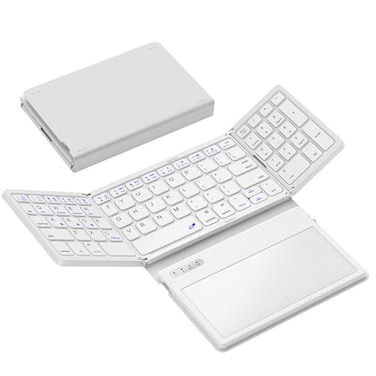 GEODMAER Foldable Bluetooth Keyboard Portable Full Size Folding Keyboard with Large Touchpad Numeric Keypad PU Leather Wireless TravelKeyboard for Windows Android MacWhite