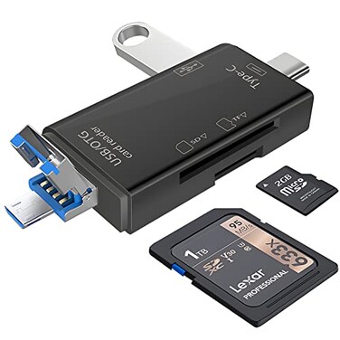 Wansurs Micro SD Card Reader for Android Micro SD Card to USB Adapter USB C SD Card Reader for Camera Memory Card Reader 6 in 1 SD Card Reader Black