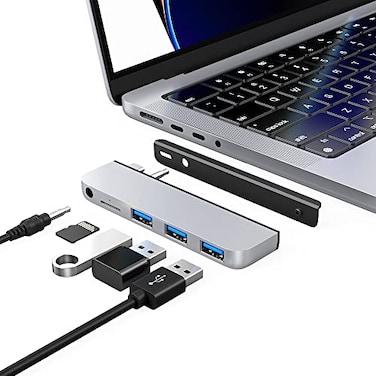 Qwiizlab USB C Hub 5in1 Adapter USB 30 Data Port microSD Card Reader 35mm Audio Port for 2024232221 1416inch MacBook Pro M4M3M2M1 ProMax Silver