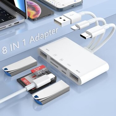 Rocketek SD Card Reader for iPhone 8in1 Memory Card Reader LightingUSBUSB C to SDTF Card USB OTG Adapter Lighting to SD Card Adapter with Charging Port for iPhoneiPadMacBookSamsungPC Plug and Play