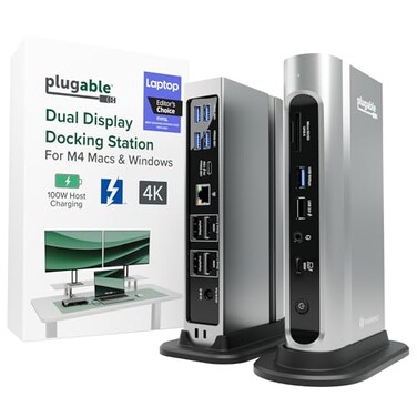 Plugable 16in1 Thunderbolt 4 Dock Dual 4K Monitors for M4M5 MacBook AirPro 100W Charging 2X HDMI 2X DisplayPort 25G Ethernet 7X USB MicroSDSD Card Reader Windows USB4 Compatible
