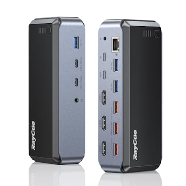 RayCue Raycue Triple Monitor USB C Docking Station MacBook Pro Docking Station with Power Adapter for MacBook M1M2M3Windows HDMI3 RJ45 10Gbps USB5 PD USB 30 2