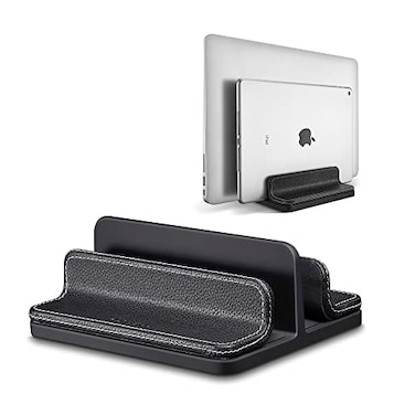 CoStySee Leather Vertical Laptop StandDual Laptop Holder StandLaptop Organizer with Adjustable Dock 1826mm071 in for All MacBookTabletSurfaceDelliPad Black