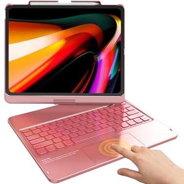 TQQ iPad Air 13 Inch Case Keyboard M4 2026M3 2025M2 2024 iPad Pro 129 6th 5th 4th 3rd Gen Keyboard 360 Rotatable 7Color Backlight MultiTouch Trackpad Thin Light Pink