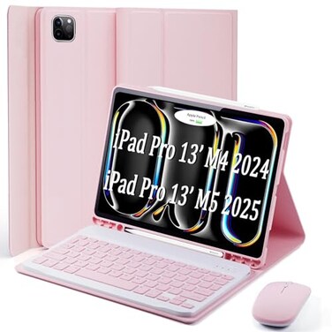 TUNKARMOR Keyboard Case for iPad Pro 13 M5 2025 iPad Pro 13 M4 2024 13 inch with Mouse and Detachable Keyboard Slim Case with Pen Holder Pink