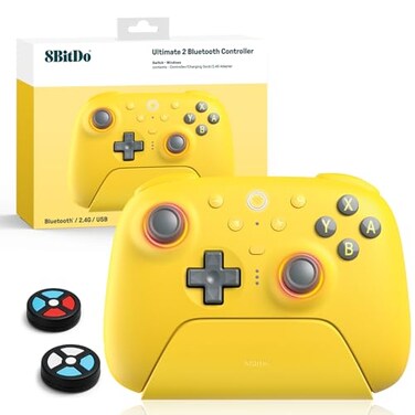 8Bitdo Ultimate 2 Bluetooth Controller TMR Joystick Update RGB Fire Ring Switchable Hall EffectTactile Triggers Vibration and Motion Control for SwitchSwitch 2 Windows PC Lemon Yellow