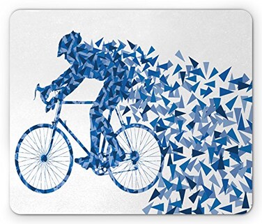 Lunarable Bicycle Mouse Pad Silhouette Design of a Biker Man with Triangle Geometrical Fragmented Features Rectangle NonSlip Rubber Mousepad Standard Size White Blue