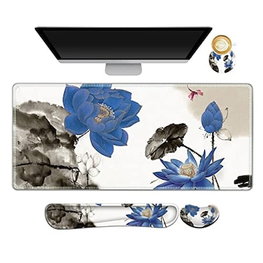 ARTSO Extended Gaming Mouse Pad Set Keyboard Wrist Rest Support Pad Wrist Cushion XXL Large Mouse Pad Coaster Stitched Edge NonSlip Memory Foam Desk Mat Blue Lotus Ink Painting